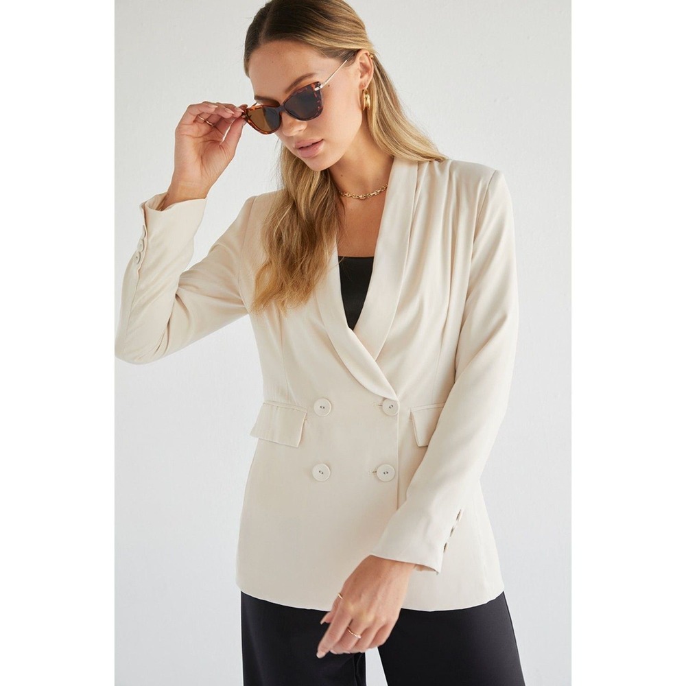 4SI3NNA Kaya Blazer Woven Double Breasted Women L Cream Ivory Satin Lapel